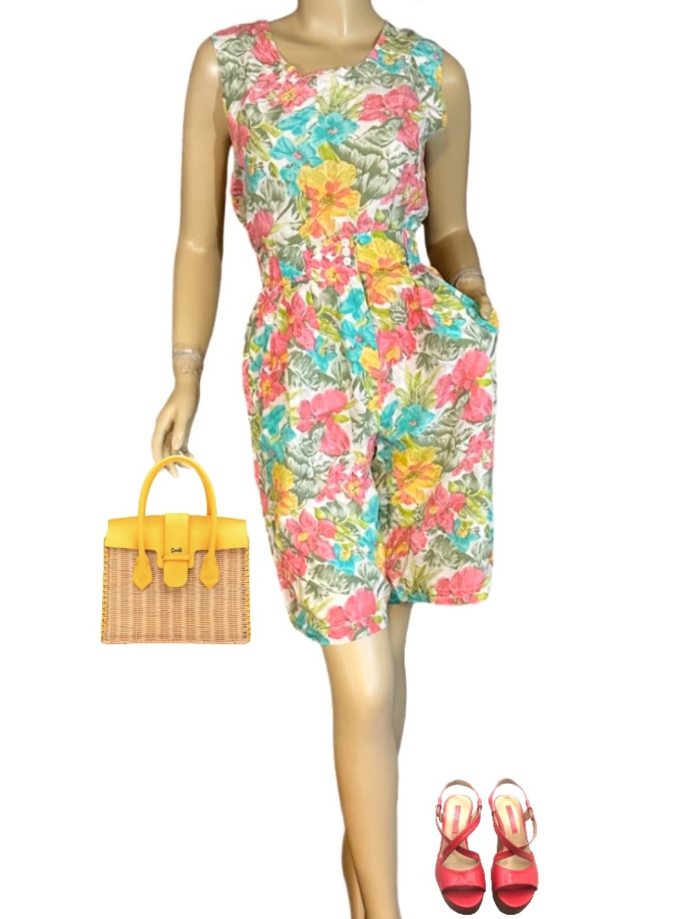 VINTAGE 1980'S SARAH TAYLOR MULTI-COLOR PASTEL FLORAL PRINT SILK SHORTS SET (M)